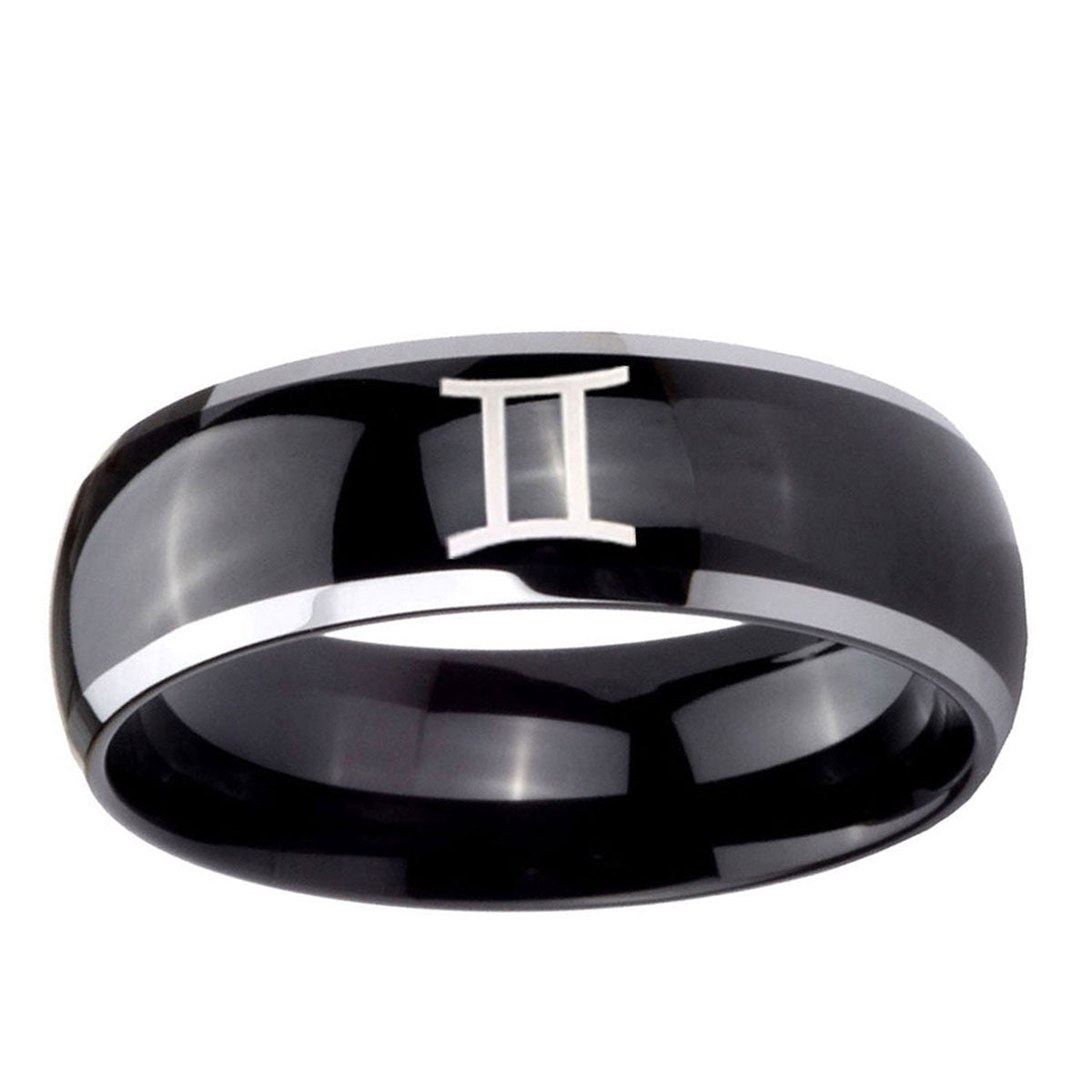 10mm Gemini Zodiac Dome Glossy Black 2 Tone Tungsten Ring
