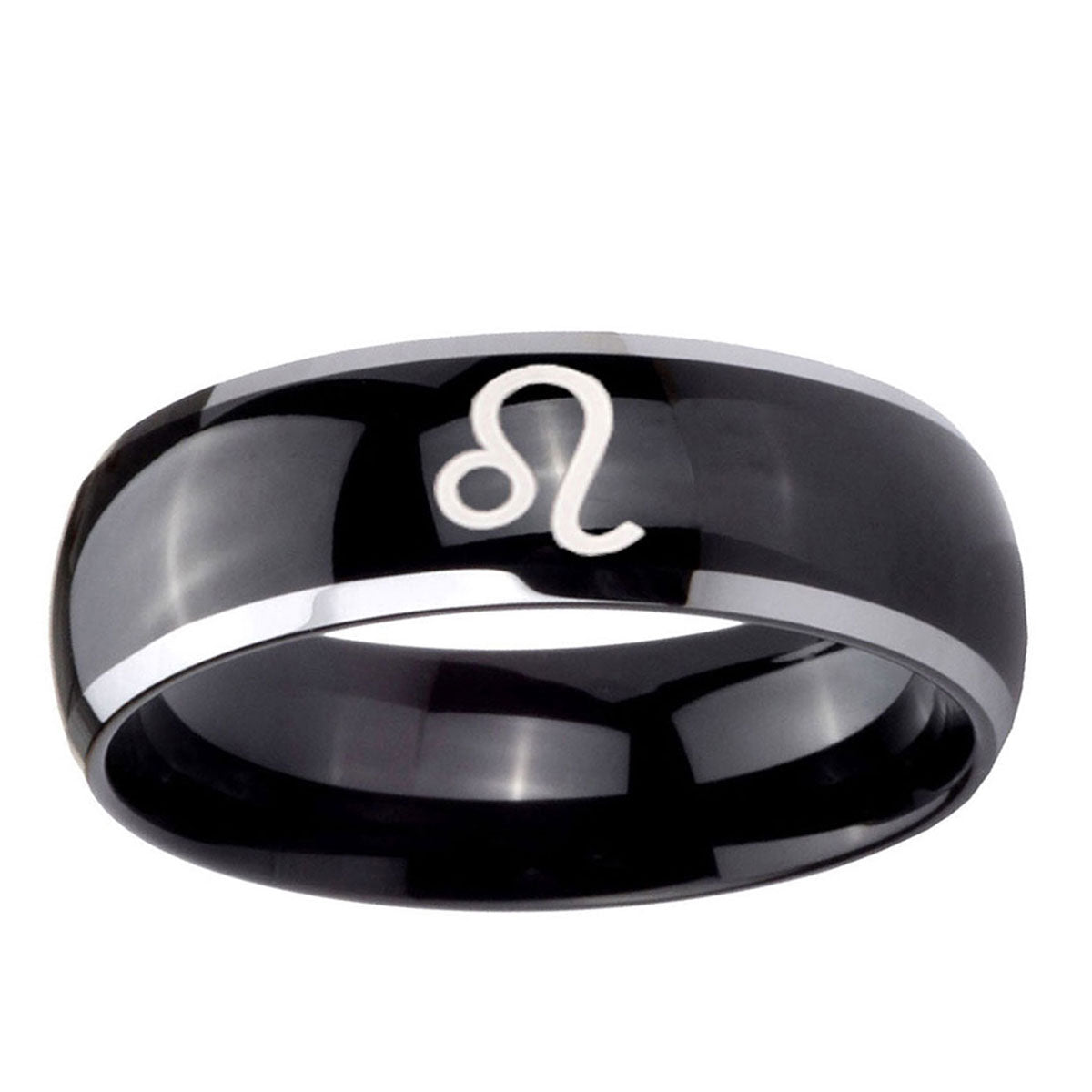 10mm Leo Zodiac Dome Glossy Black 2 Tone Tungsten Ring