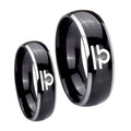 Libra Horoscope Dome Glossy Black 2 Tone Tungsten Wedding Set Ring