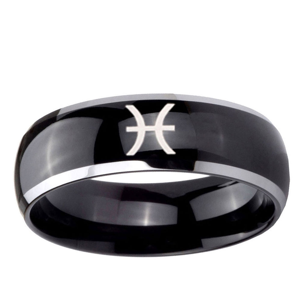 10mm Pisces Zodiac Dome Glossy Black 2 Tone Tungsten Ring