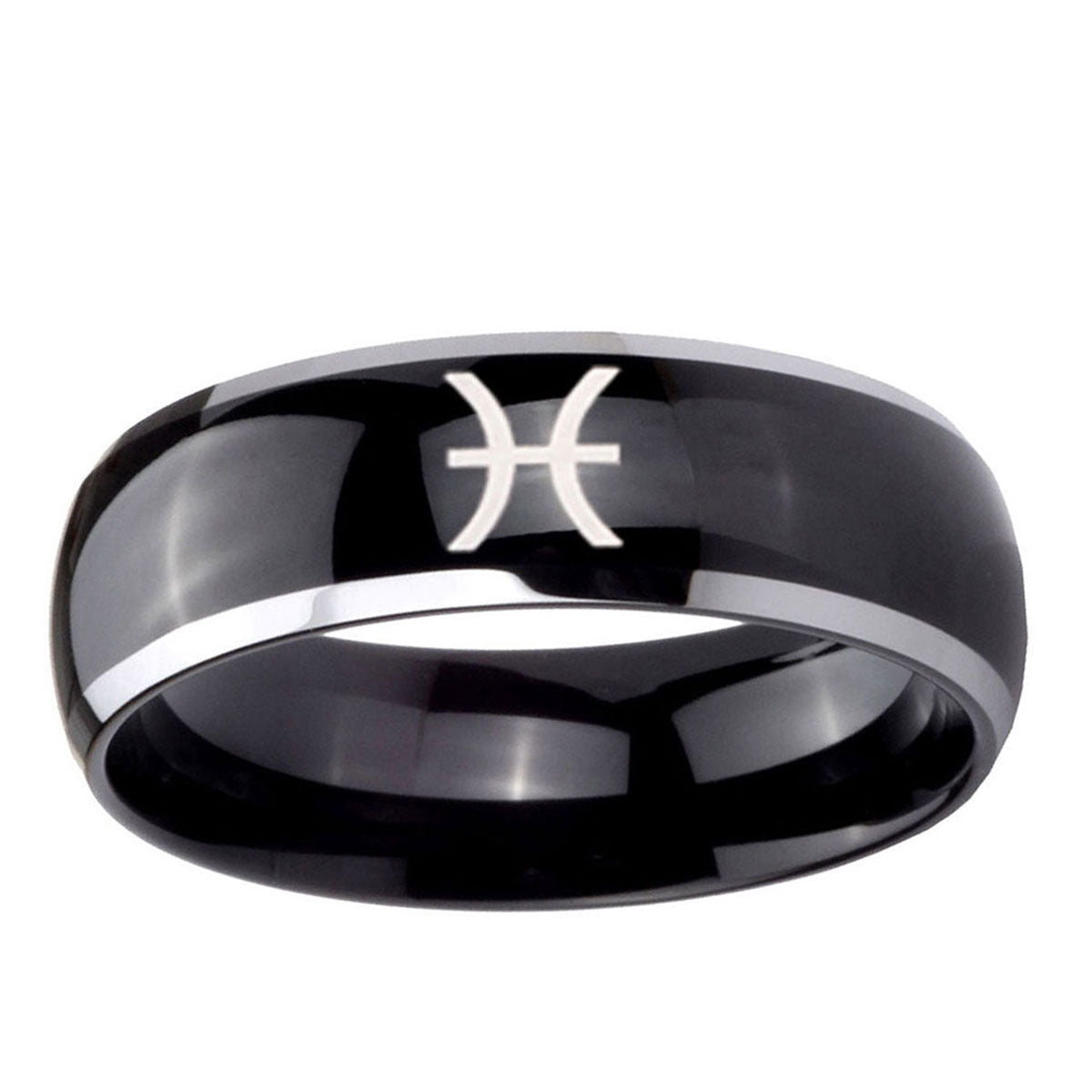 10mm Pisces Zodiac Dome Glossy Black 2 Tone Tungsten Ring