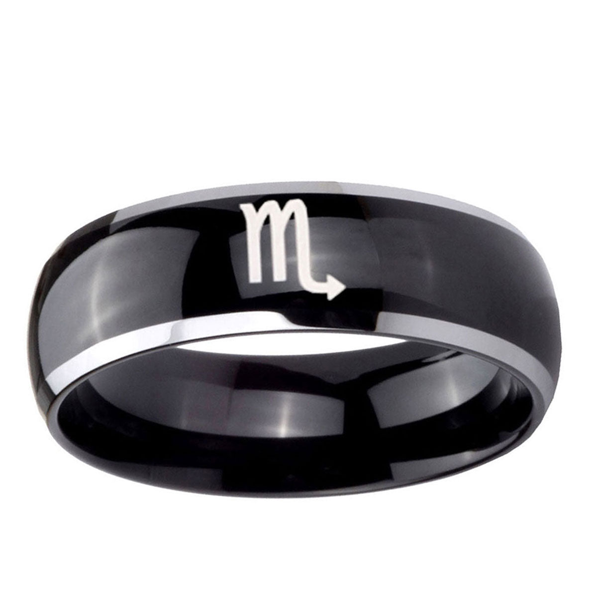 10mm Scorpio Horoscope Dome Glossy Black 2 Tone Tungsten Men's Promise Rings