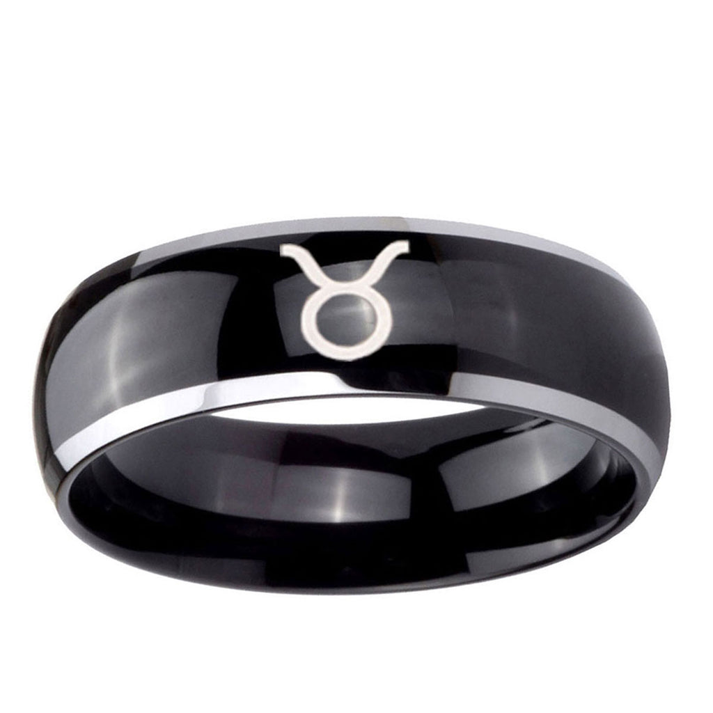 10mm Taurus Horoscope Dome Glossy Black 2 Tone Tungsten Carbide Mens Ring