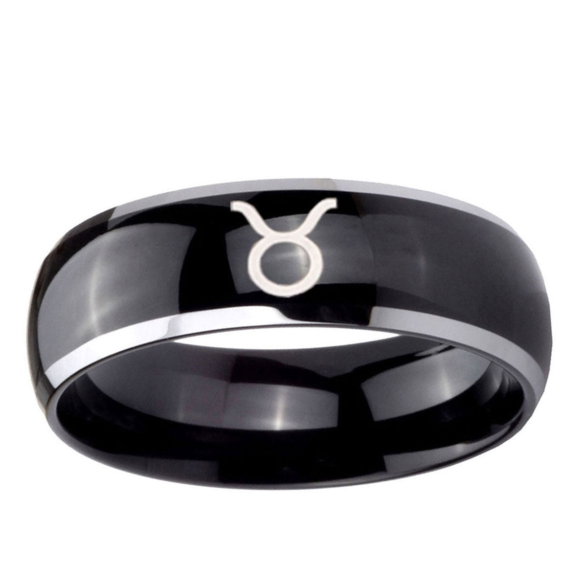 10mm Taurus Horoscope Dome Glossy Black 2 Tone Tungsten Carbide Mens Ring