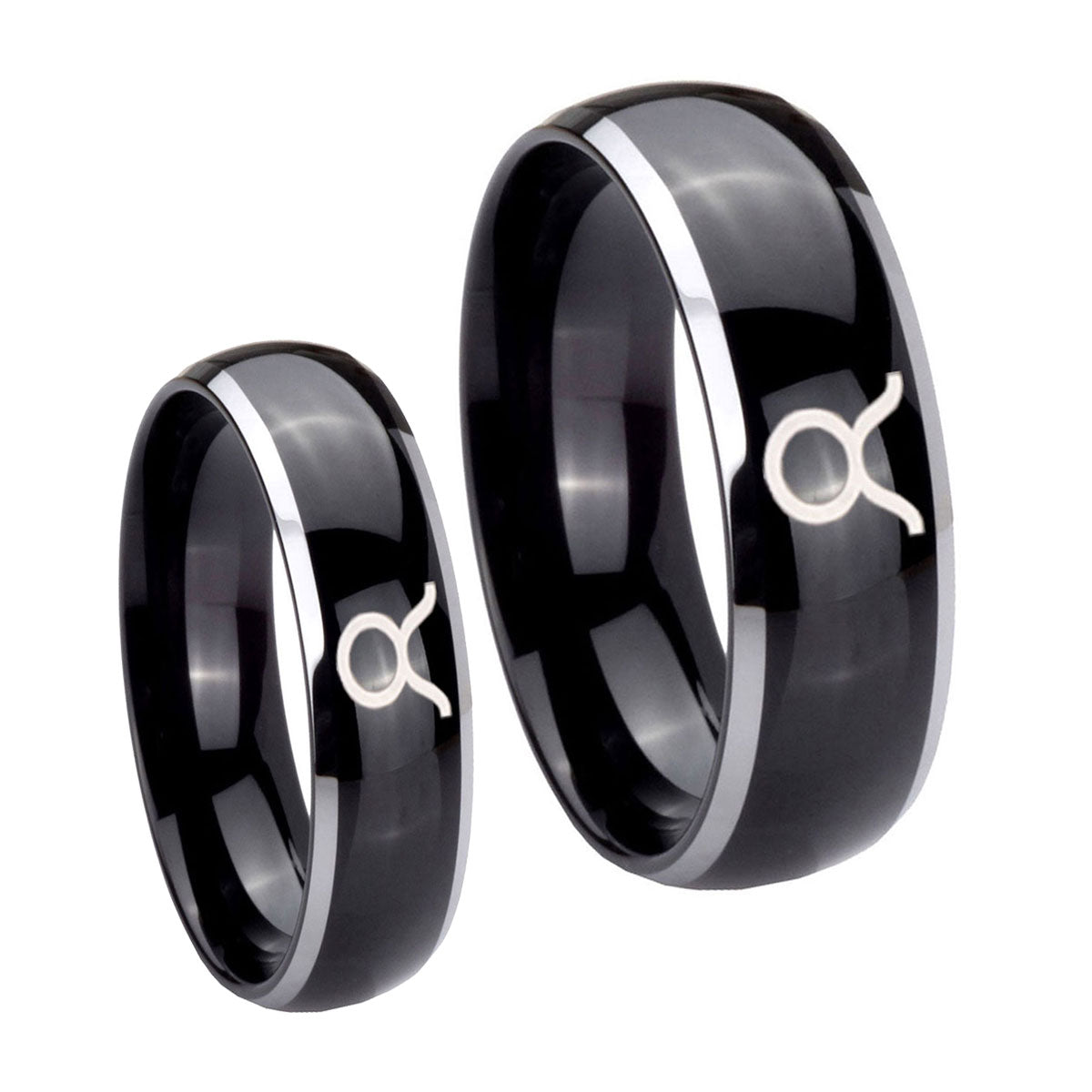 Taurus Horoscope Dome Glossy Black 2 Tone Tungsten Wedding Ring Set