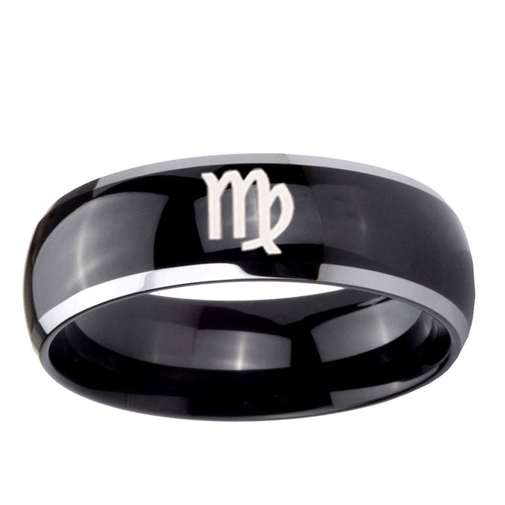 10mm Virgo Zodiac Dome Glossy Black 2 Tone Tungsten Ring