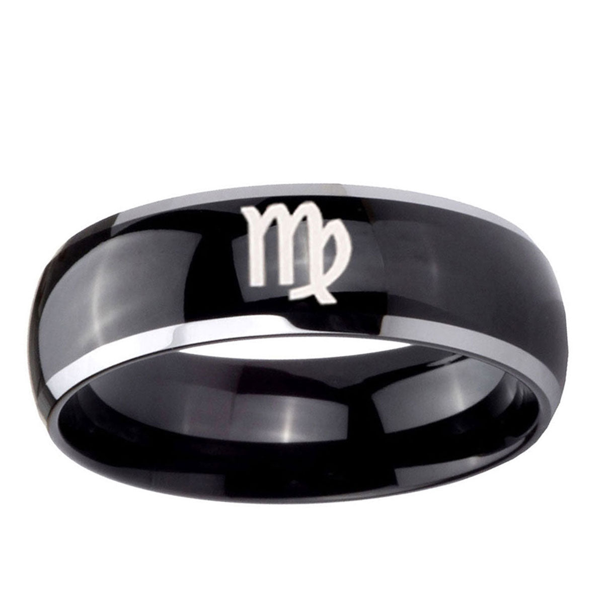 10mm Virgo Zodiac Dome Glossy Black 2 Tone Tungsten Ring