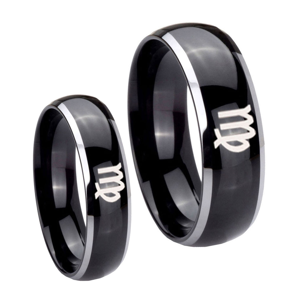 Virgo Zodiac Dome Glossy Black 2 Tone Tungsten Couple Wedding Rings