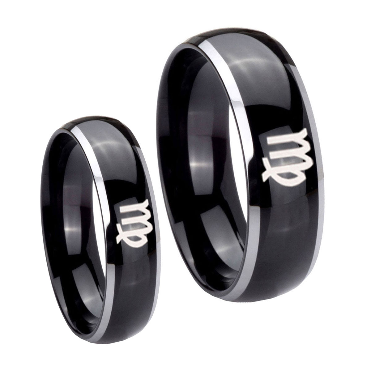 Virgo Zodiac Dome Glossy Black 2 Tone Tungsten Couple Wedding Rings