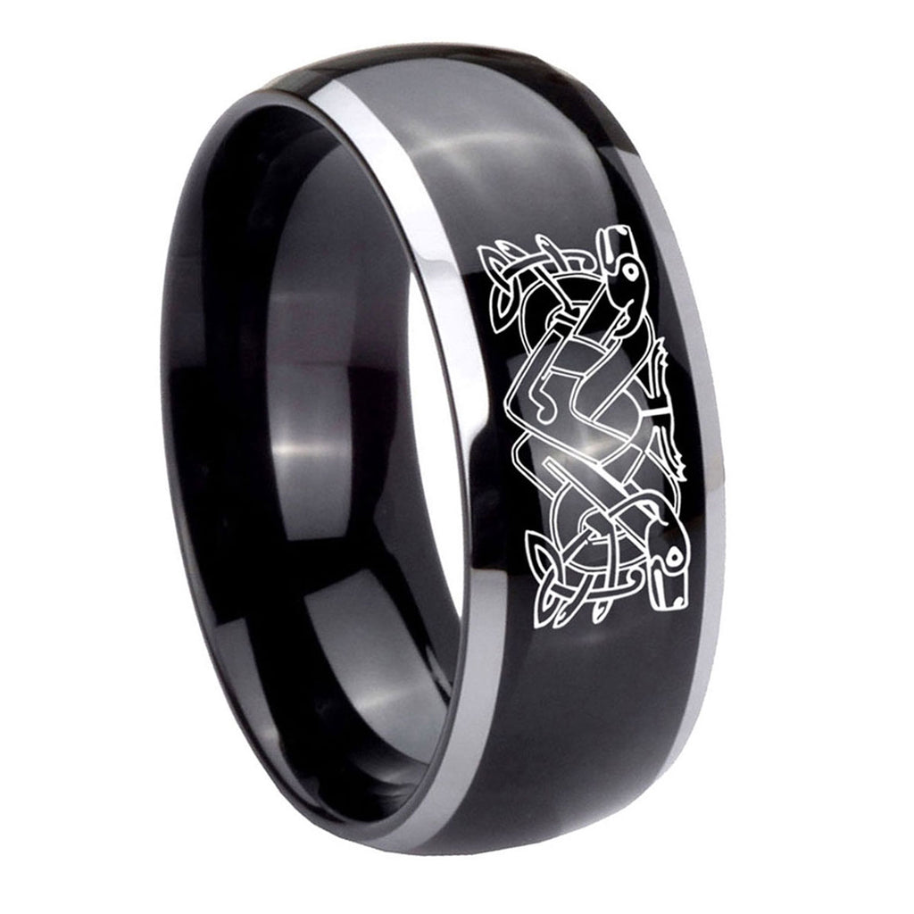 10mm Celtic Dog Dome Glossy Black 2 Tone Tungsten Carbide Engraved Ring