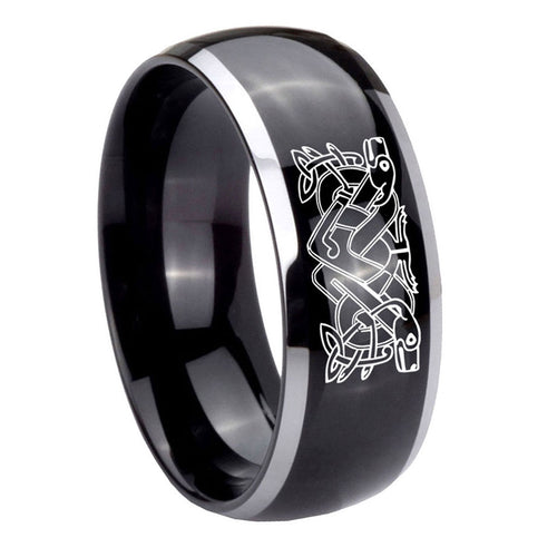 10mm Celtic Dog Dome Glossy Black 2 Tone Tungsten Carbide Engraved Ring