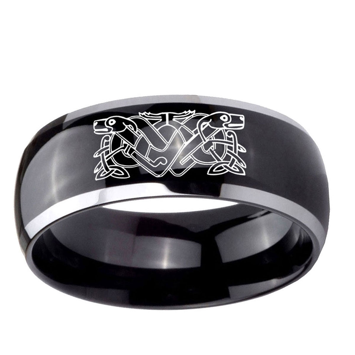 10mm Celtic Dog Dome Glossy Black 2 Tone Tungsten Ring