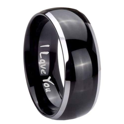 10mm I Love You Dome Glossy Black 2 Tone Tungsten Carbide Rings for Men