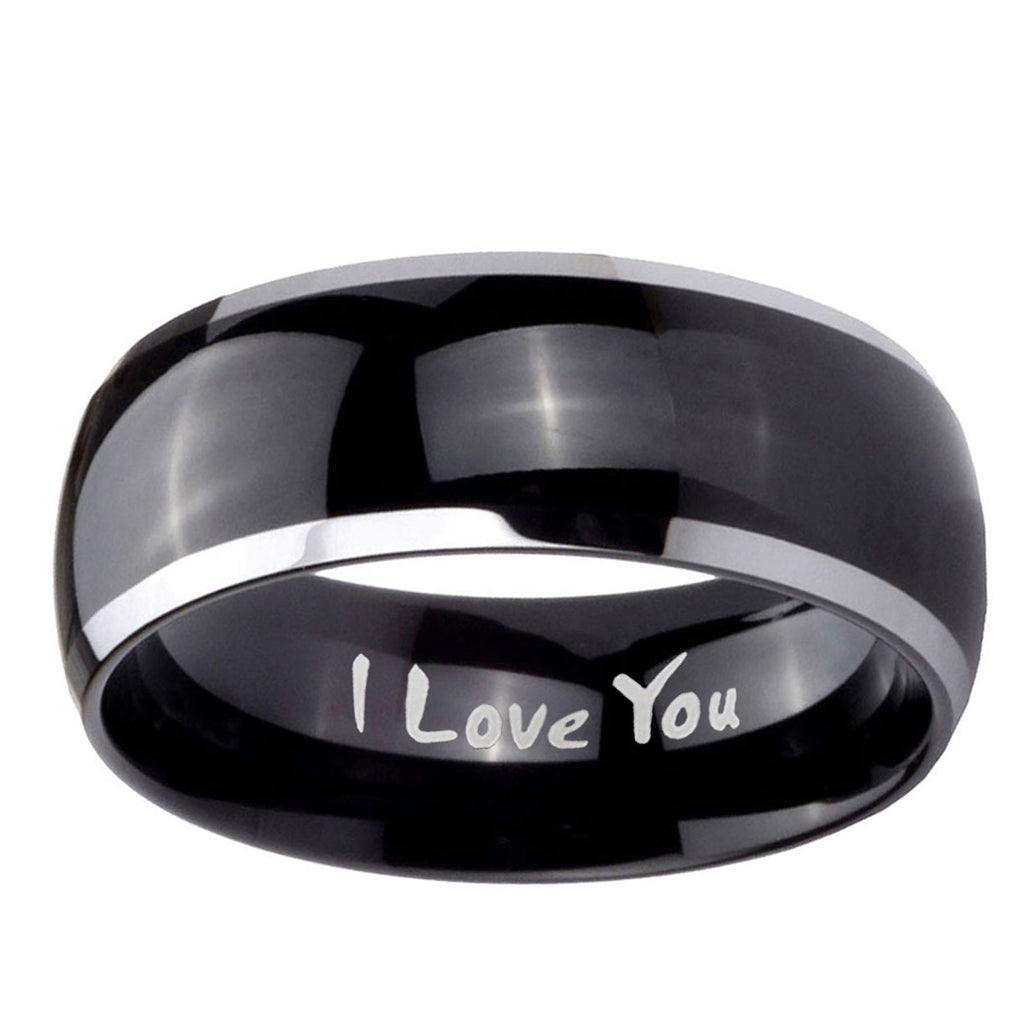 10mm I Love You Dome Glossy Black 2 Tone Tungsten Ring