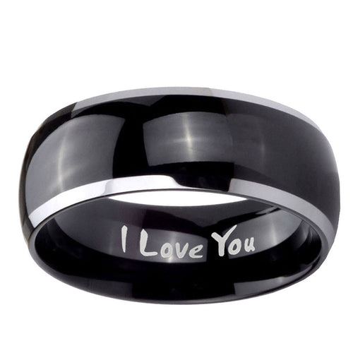 10mm I Love You Dome Glossy Black 2 Tone Tungsten Ring