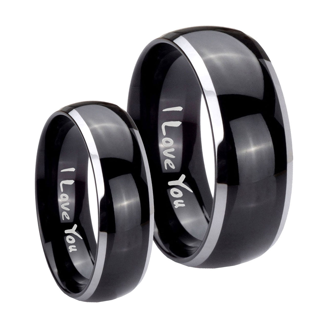 I Love You Dome Glossy Black 2 Tone Tungsten Bridal Set Ring
