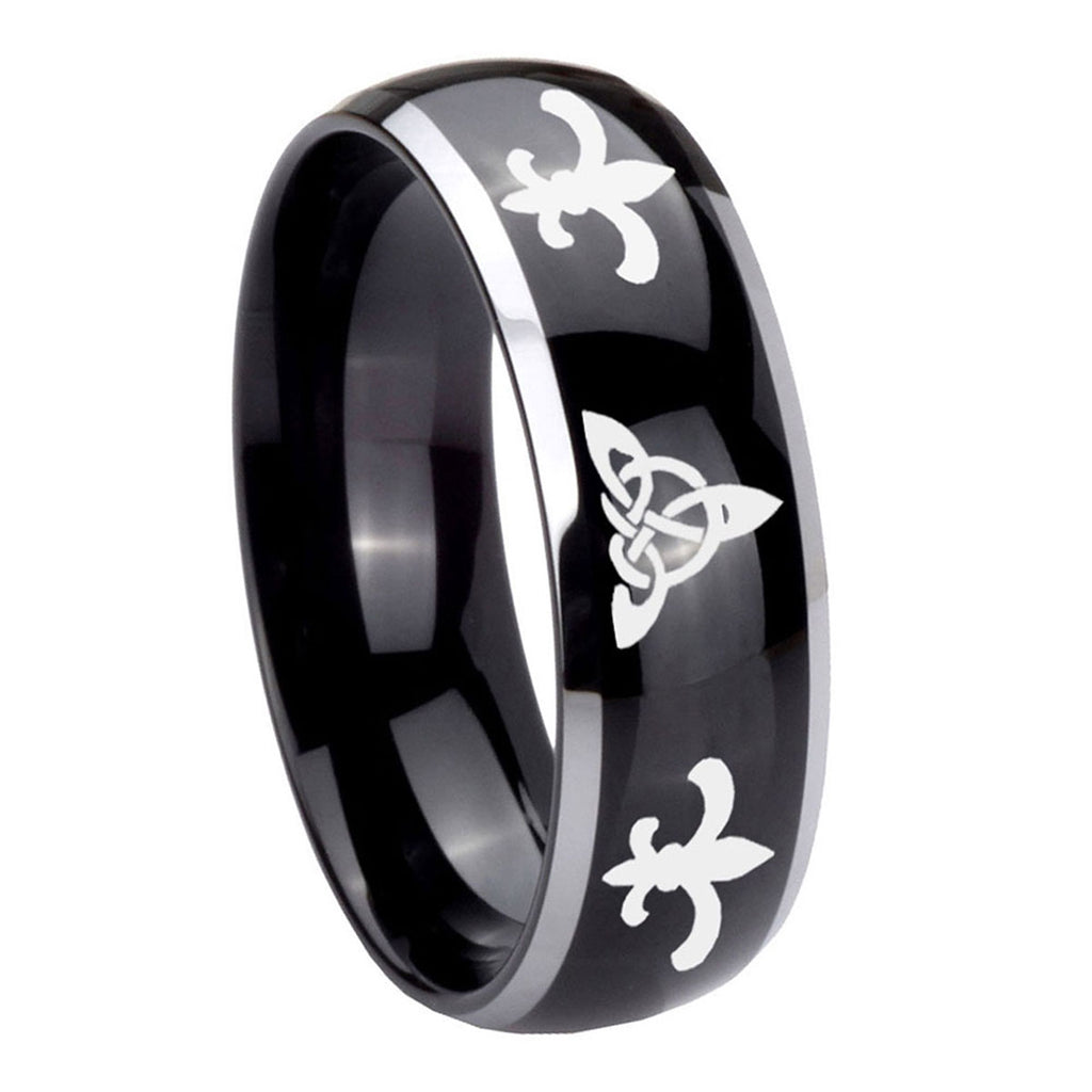 8mm Celtic Triangle Fleur-De-Lis Dome Glossy Black 2 Tone Tungsten Ring