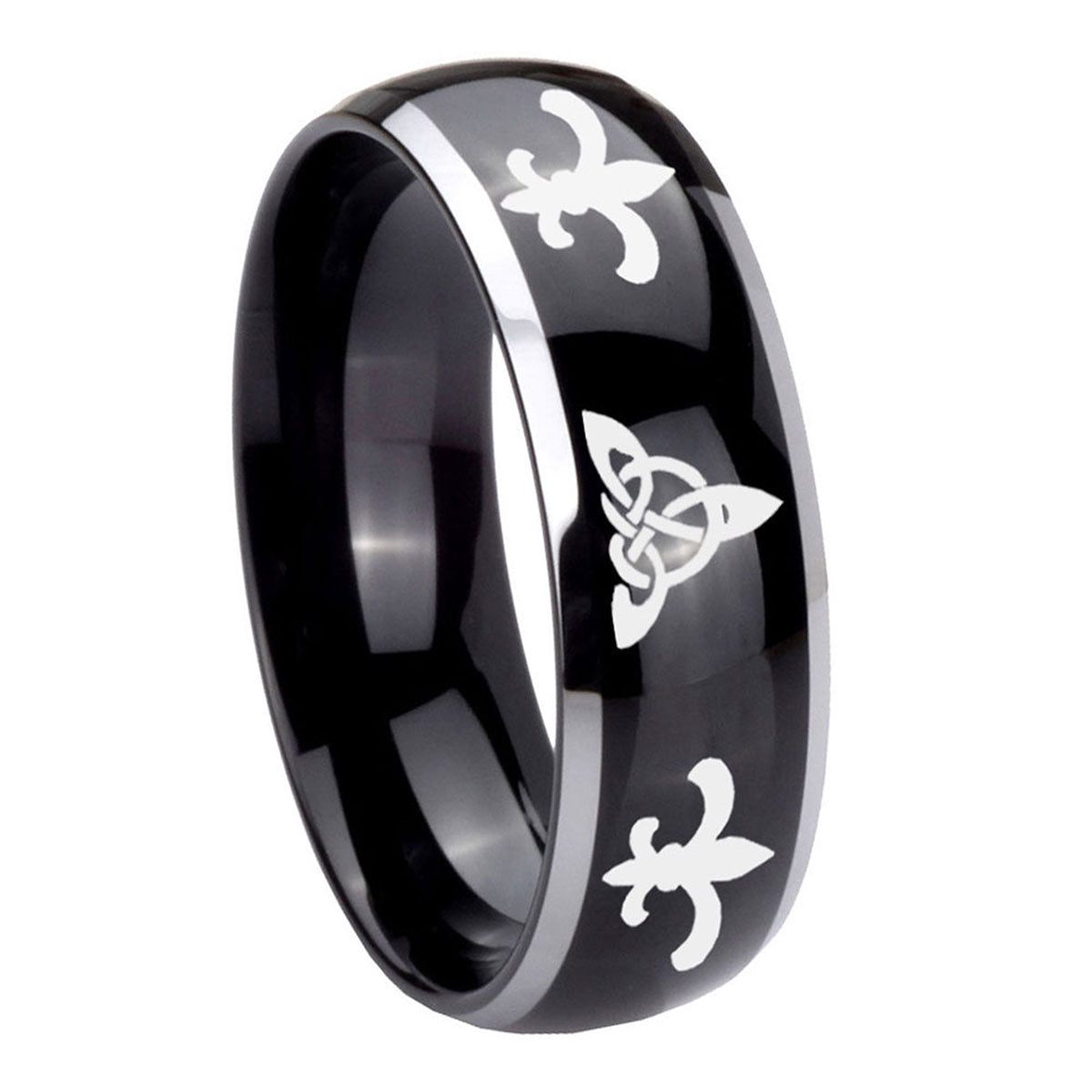 8mm Celtic Triangle Fleur-De-Lis Dome Glossy Black 2 Tone Tungsten Ring
