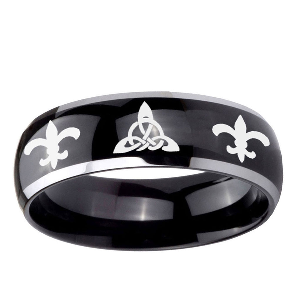 5mm Celtic Triangle Fleur-De-Lis Dome Glossy Black 2 Tone Tungsten Ring