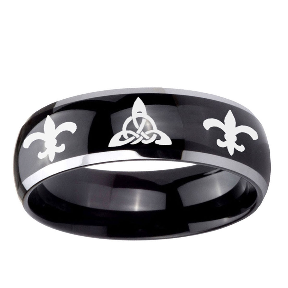 5mm Celtic Triangle Fleur-De-Lis Dome Glossy Black 2 Tone Tungsten Ring