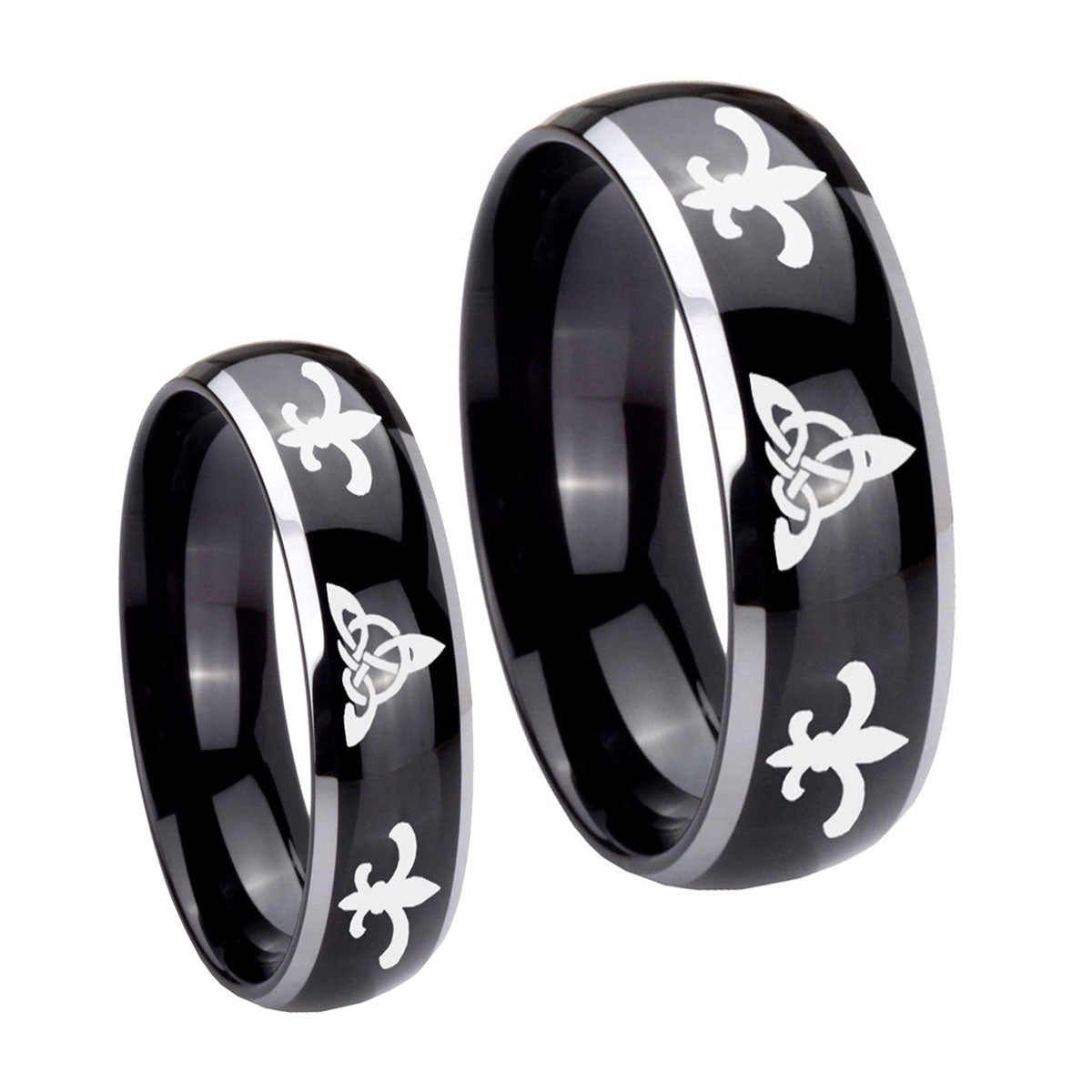 Celtic Triangle Fleur De Lis Dome Glossy Black 2 Tone Tungsten His and Hers