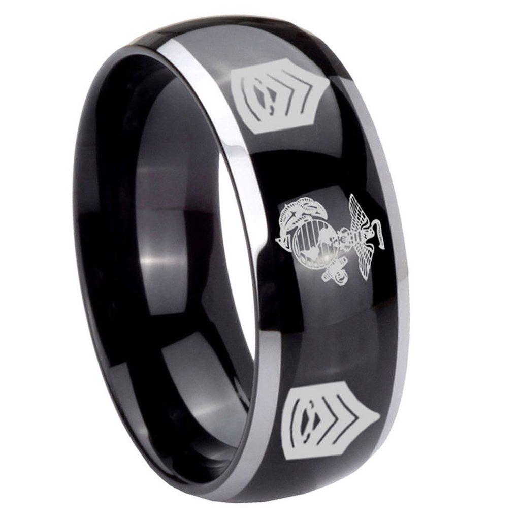 8mm Marine Army Sergeant Dome Glossy Black 2 Tone Tungsten Ring