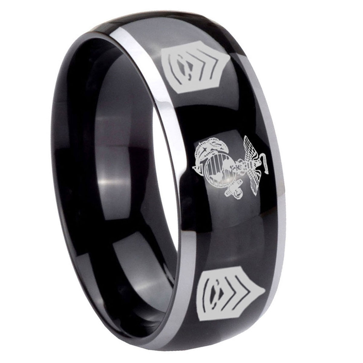 8mm Marine Army Sergeant Dome Glossy Black 2 Tone Tungsten Ring
