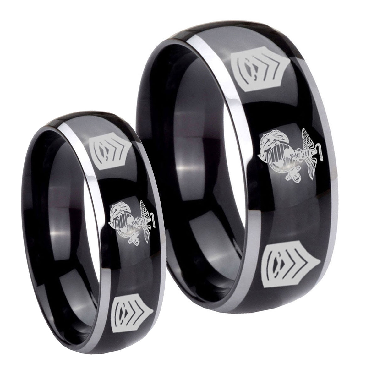 Marine Army Sergeant Dome Glossy Black 2 Tone Tungsten Couple Wedding Bands