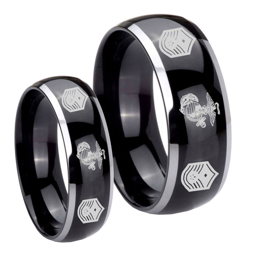 Marine Chief Master Sergeant Dome Glossy Black 2 Tone Tungsten Bridal Set Rings