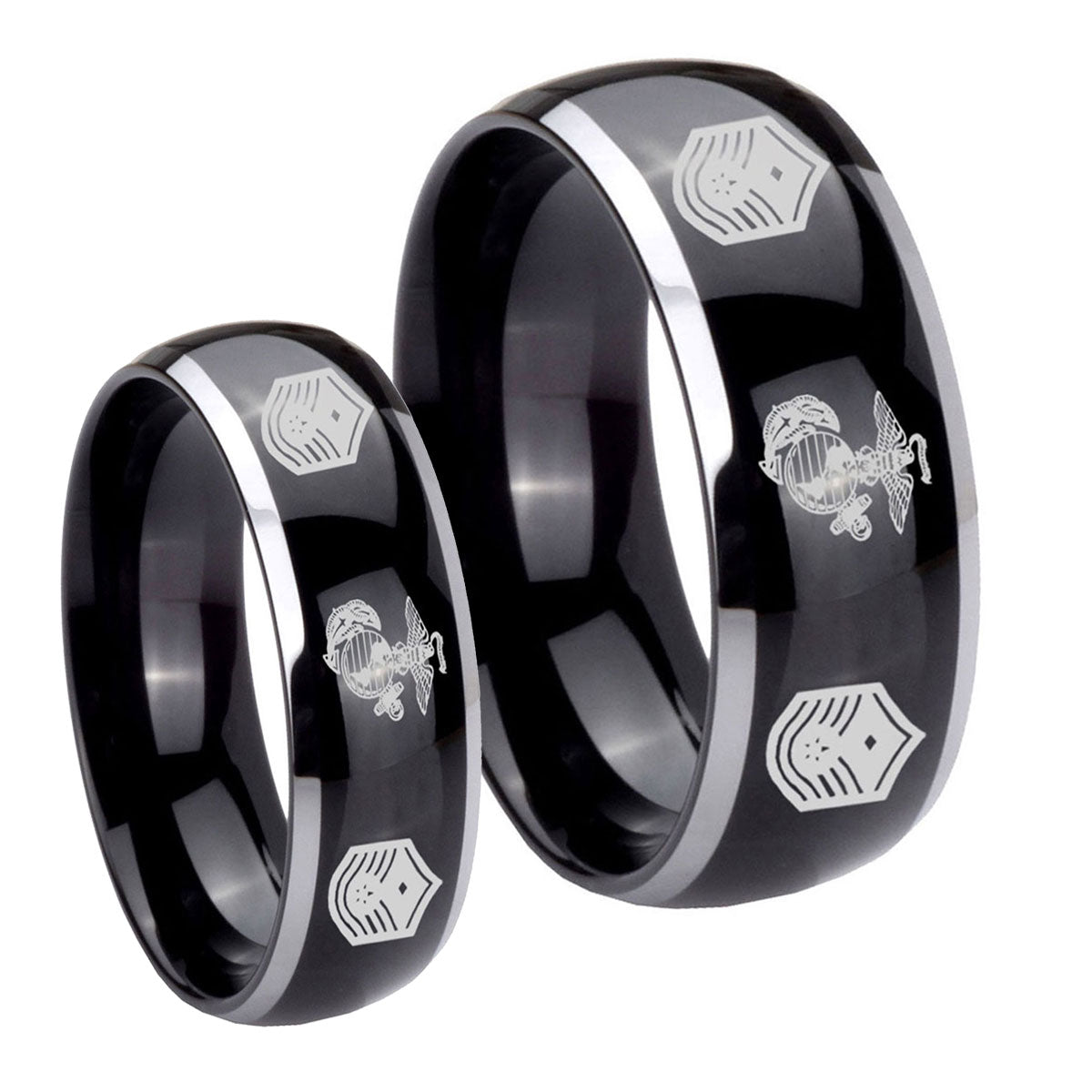 Marine Chief Master Sergeant Dome Glossy Black 2 Tone Tungsten Bridal Set Rings