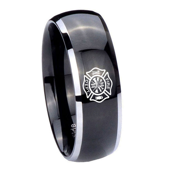 10mm-Fire-Department-Dome-Glossy-Black-2-Tone-Tungsten-Carbide-Men's-Ring