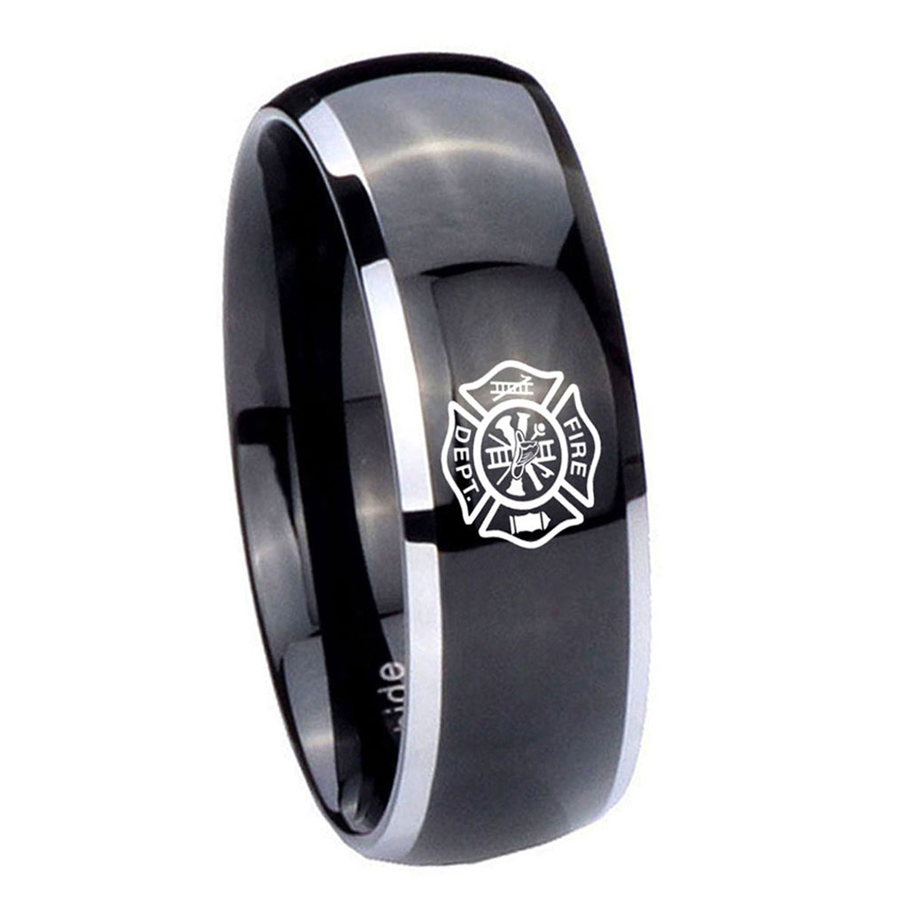 8mm Fire Department Dome Glossy Black 2 Tone Tungsten Ring
