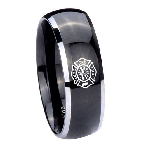 8mm Fire Department Dome Glossy Black 2 Tone Tungsten Ring