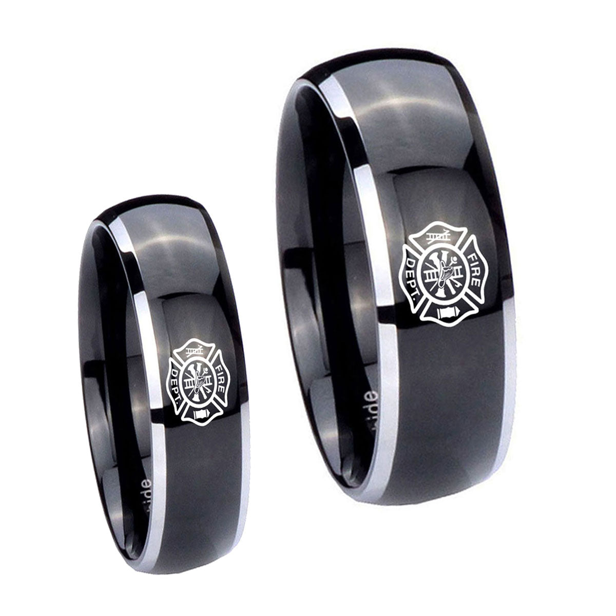 Fire Department Dome Glossy Black 2 Tone Tungsten Couple Wedding Rings