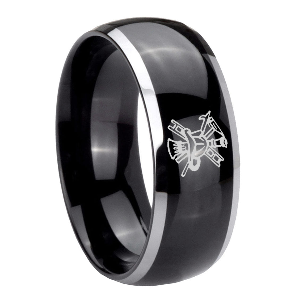 10mm Fireman Dome Glossy Black 2 Tone Tungsten Carbide Men's Bands Ring