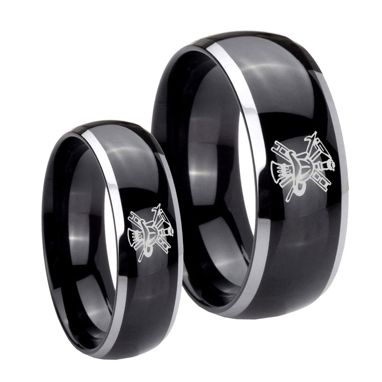Fireman Dome Glossy Black 2 Tone Tungsten Couple Wedding Bands