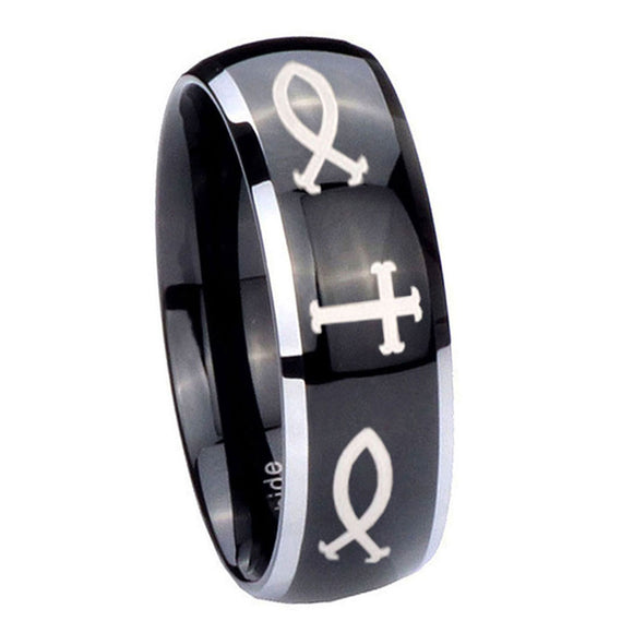 10mm-Fish-&-Cross-Dome-Glossy-Black-2-Tone-Tungsten-Mens-Anniversary-Ring