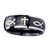 10mm-Fish-&-Cross-Dome-Glossy-Black-2-Tone-Tungsten-Mens-Anniversary-Ring