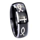 8mm Fish & Cross Dome Glossy Black 2 Tone Tungsten Carbide Men's Wedding Ring