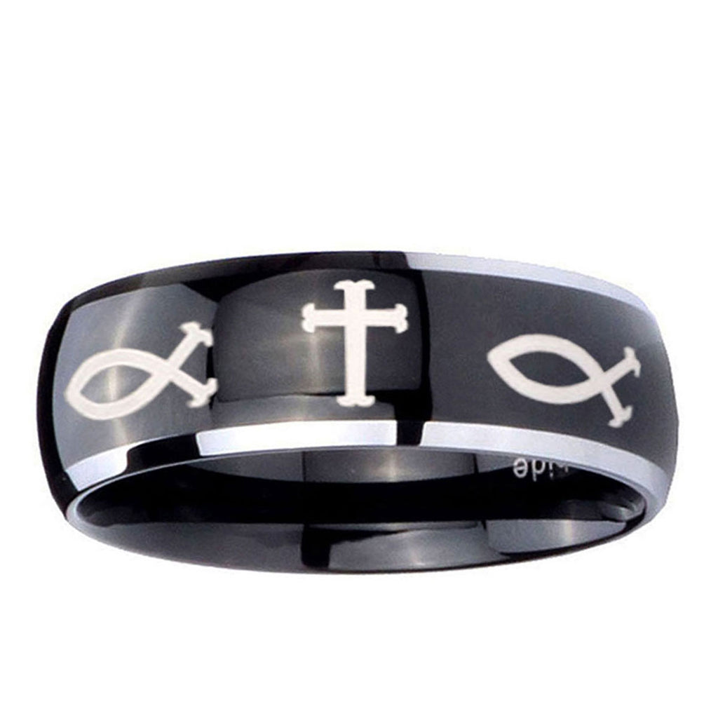 10mm Fish & Cross Dome Glossy Black 2 Tone Tungsten Ring