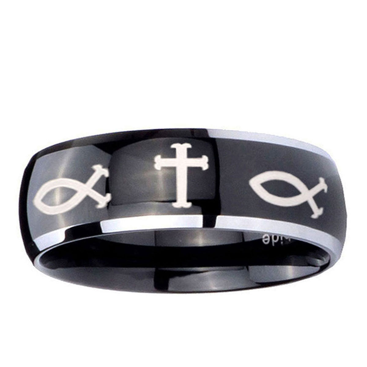 10mm Fish & Cross Dome Glossy Black 2 Tone Tungsten Ring
