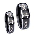 Fish & Cross Dome Glossy Black 2 Tone Tungsten Bridal Ring Set