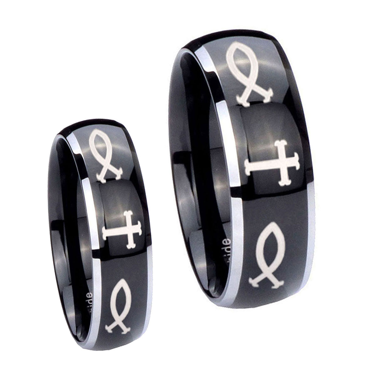 Fish & Cross Dome Glossy Black 2 Tone Tungsten Bridal Ring Set