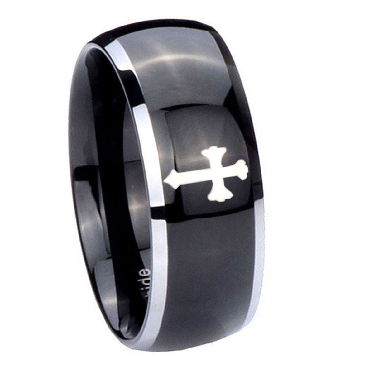10mm Flat Christian Cross Dome Glossy Black 2 Tone Tungsten Men's Band Ring