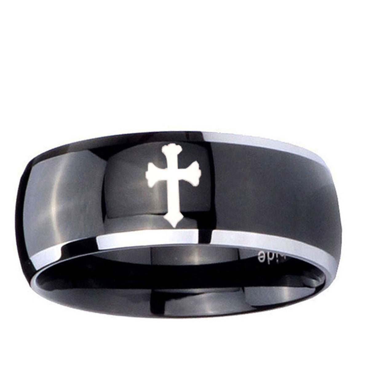 10mm Flat Christian Cross Dome Glossy Black 2 Tone Tungsten Ring