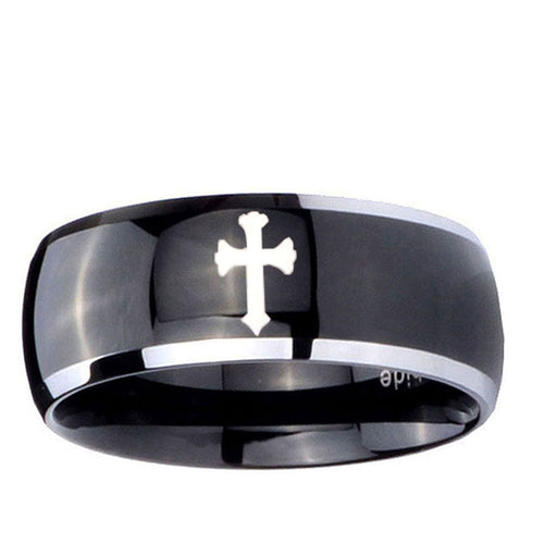 10mm Flat Christian Cross Dome Glossy Black 2 Tone Tungsten Ring