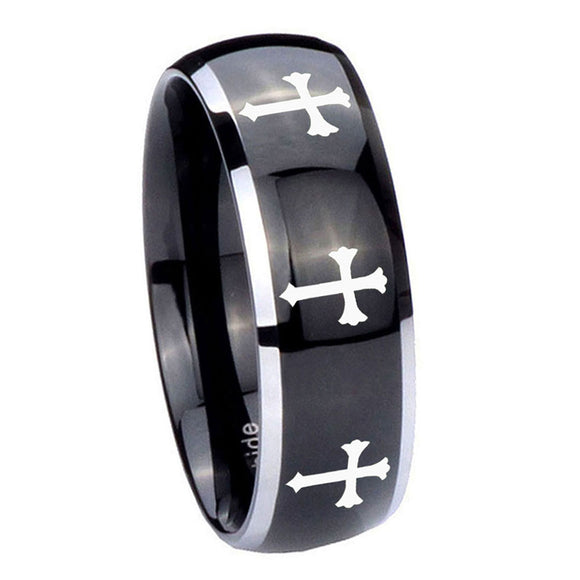 10mm-Multiple-Christian-Cross-Dome-Glossy-Black-2-Tone-Tungsten-Men's-Ring