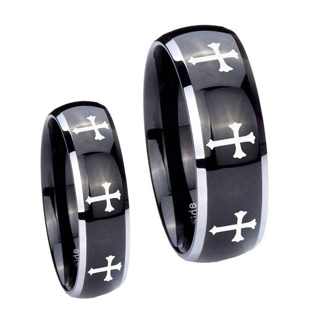 Multiple Christian Cross Dome Glossy Black 2 Tone Tungsten Bridal Ring Set