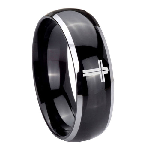 8mm Flat Christian Cross Dome Glossy Black 2 Tone Tungsten Ring