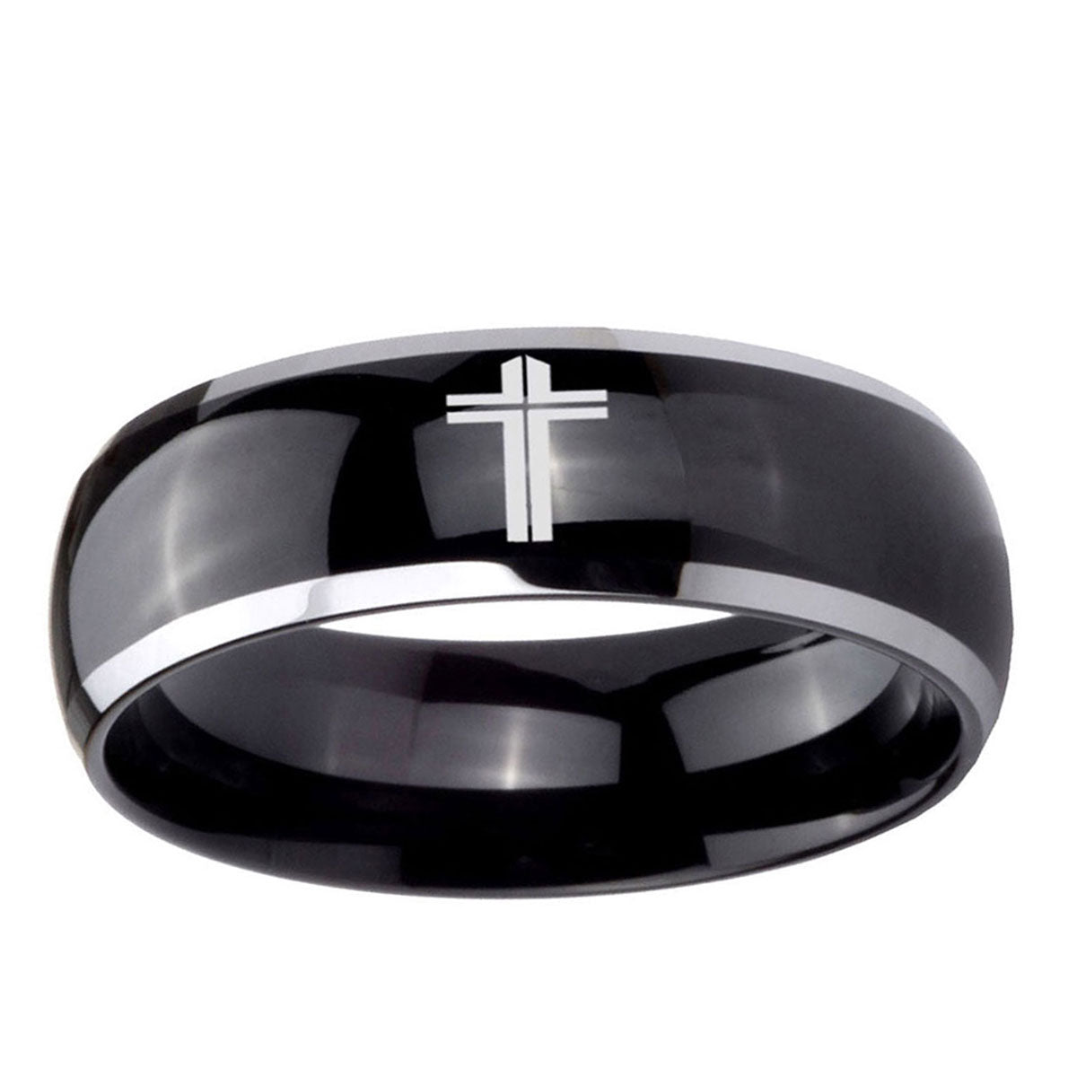 10mm Flat Christian Cross Dome Glossy Black 2 Tone Tungsten Ring